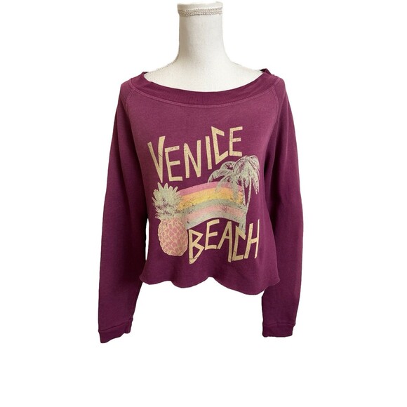 Wildfox Women's XS Venice Beach Pullover Cropped Sweatshirt Oversized Plum - Picture 3 of 11